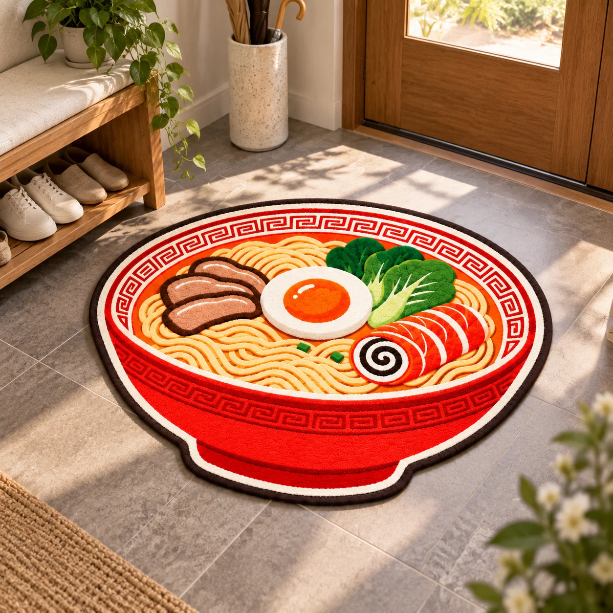 Ramen Bowl Shaped Area Rug Soft Short Plush Japanese Noodle Food Floor Mat for Kitchen Dining Room Entryway Bedroom Home Decor
