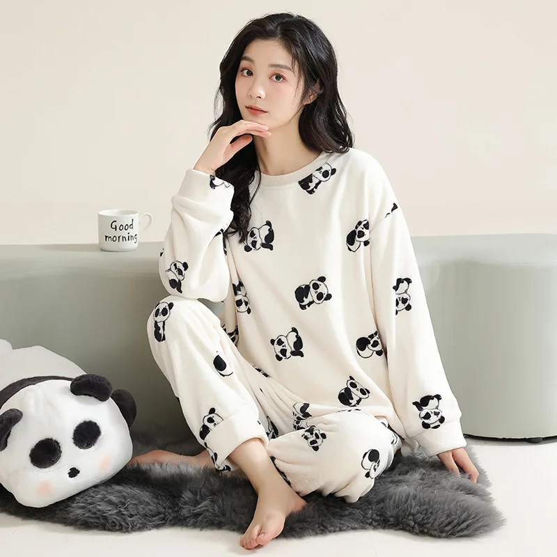 Autumn and Winter Sleepwear New Thick Coral Velvet Pajamas Pants Two-piece Set Cartoon Animal Long-sleeved Pullover Loungewear