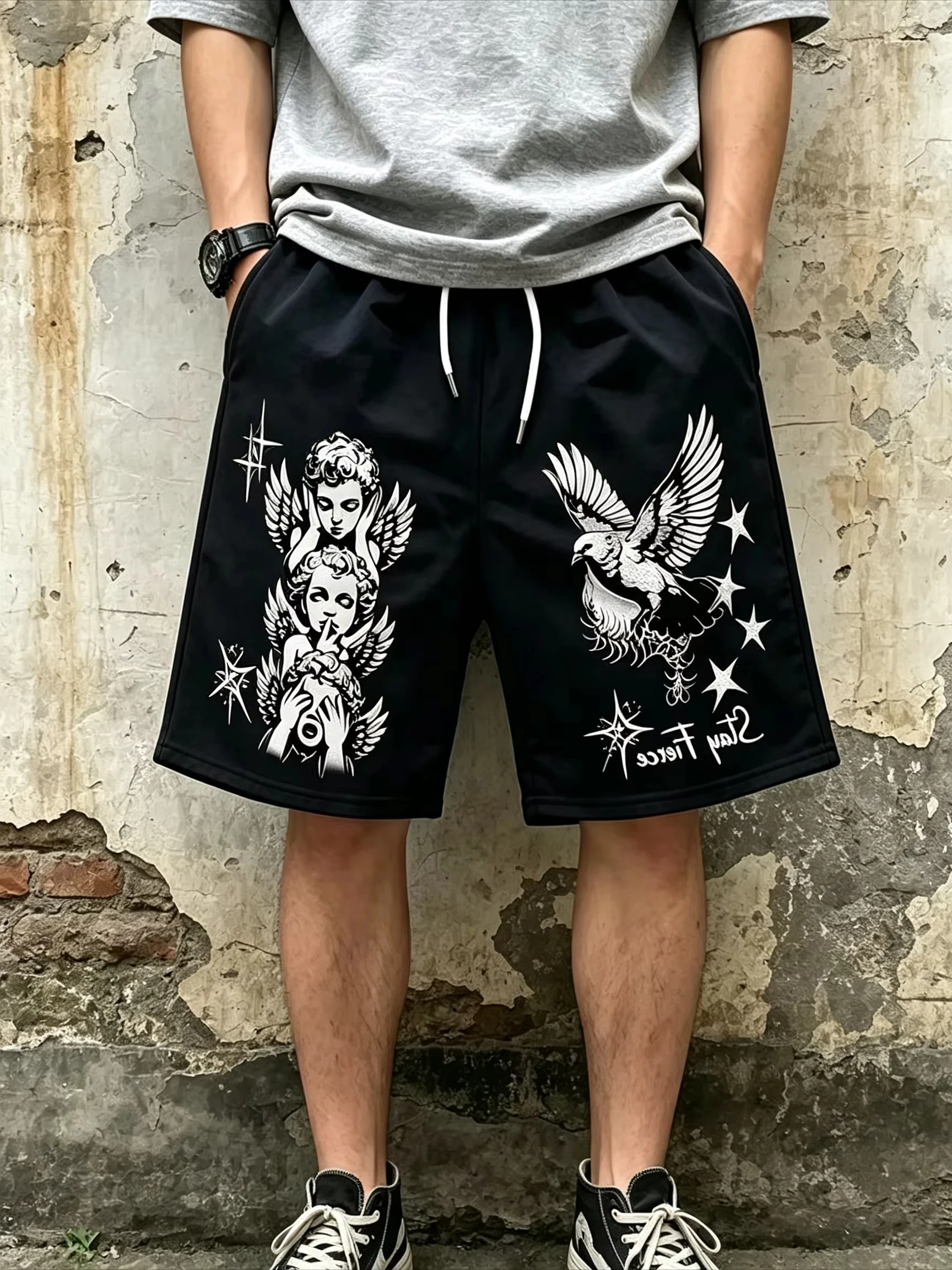 European American Summer Retro Little Angel Letter Print Comfortable Breathable Drawstring Men Shorts Outdoor Casual Pants