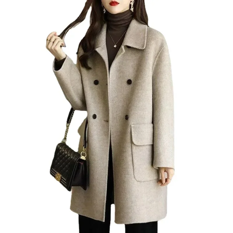 Casaco de lã tamanho grande feminino, médio e longo, solto, pequeno, versão coreana, feminino, outono, inverno, novo, 2022
