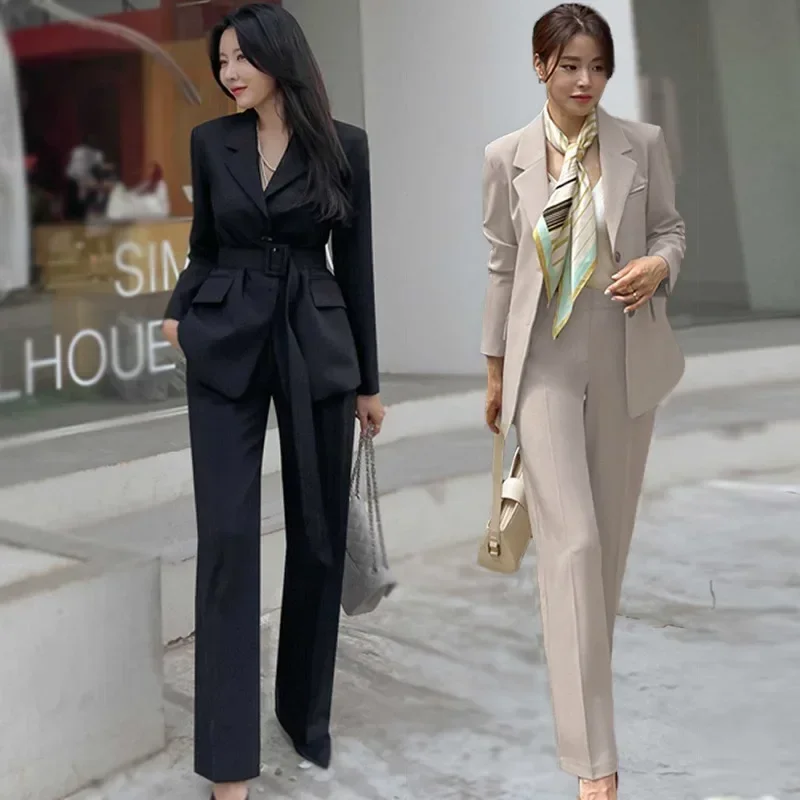 

Insozkdg Spring Autumn Pants Suit Solid Lace-up Professional Blazers + Wide Leg Straight Trousers Vintage Two Piece Set Female