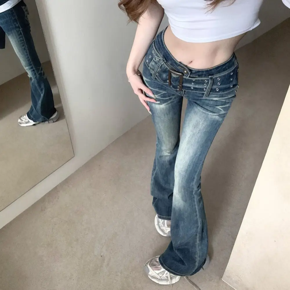 Retro Washed Low Rise Flare Jeans Womens Slim Bootcut Denim Pants Floor Length Casual Elegant Streetwear Fashion Trousers