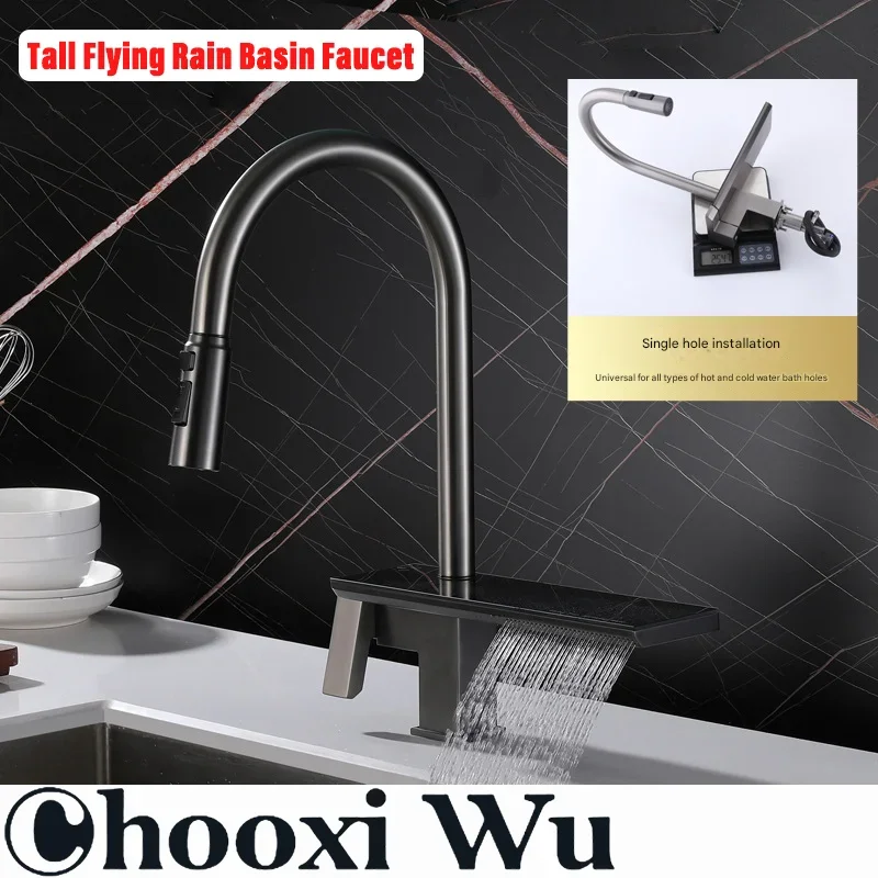 

Luxury Brass Grey Kitchen Faucet with Digital Display Pull-Out Design Waterfall Outlet Single Handle Cold & Hot Dual Control Tap
