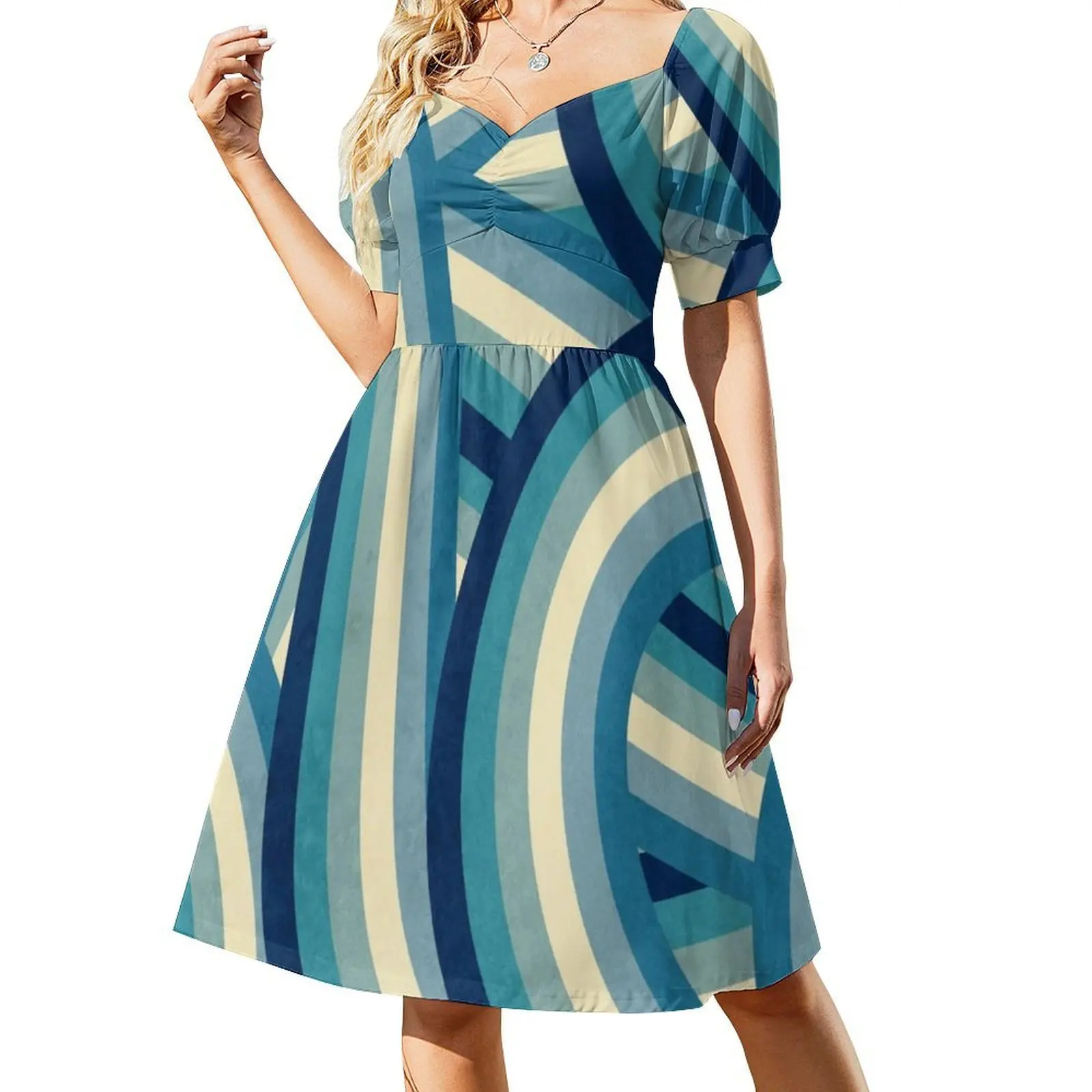 خمر تلاشى 70'S نمط الأزرق قوس قزح المشارب الأزهار سموك فستان للنساء الربيع الصيف فستان كاجوال للحزب كاليفورنيا كالي