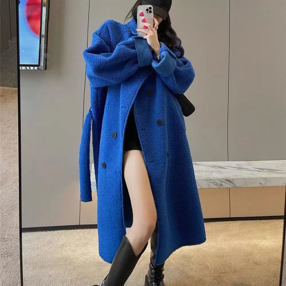 

Long Overcoat Women Coat Korean Autumn Winter Furry Keep Warm Office Lady Turn-down Collar Single Breasted Reversible Garment