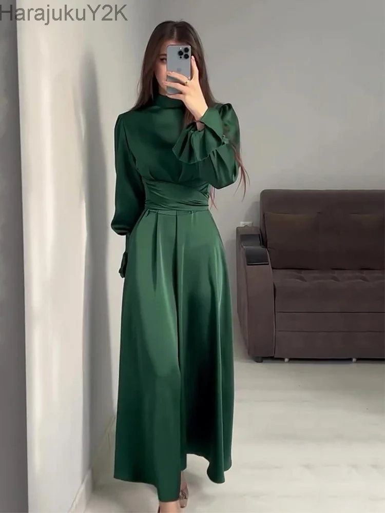 

Eid Satin Muslim Dress for Women Abaya Party Dresses Ramadan Lace-up Islam Flare Sleeve Vestidos Largo Dubai Arab Long Robe 2024