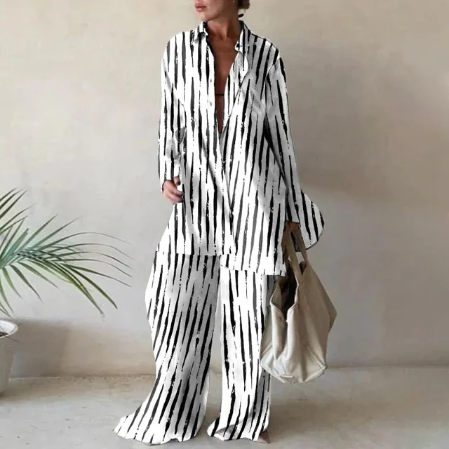Fashionable Street Style Women's Outfit Loose Long Sleeve Printed Shirt And Straight Leg Pants Set New Arrival Casual Sportswear