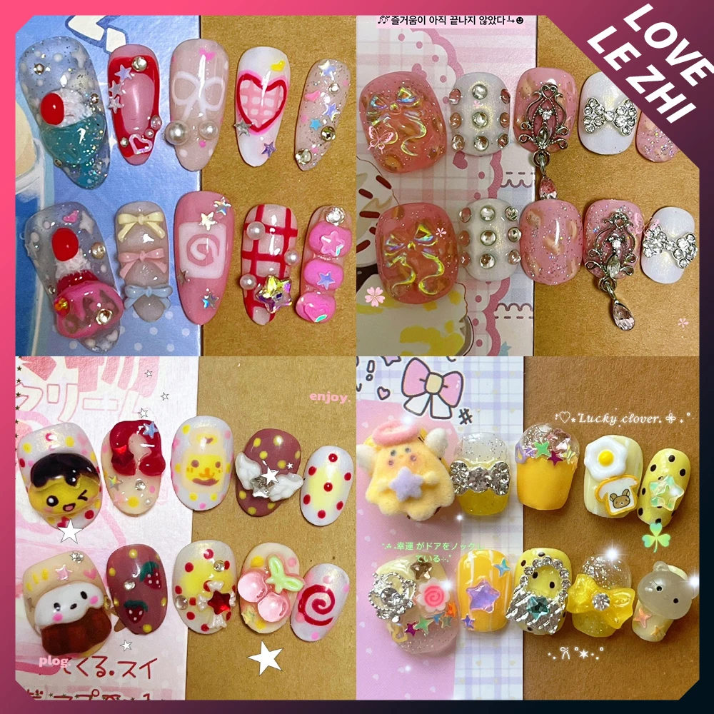 

10Pcs Y2K Spice Girl Cartoon Hello Kitty Handmade Wearable Press On Nails Flash Star Sequins Diamond Bow Pearl Full Cover Nails
