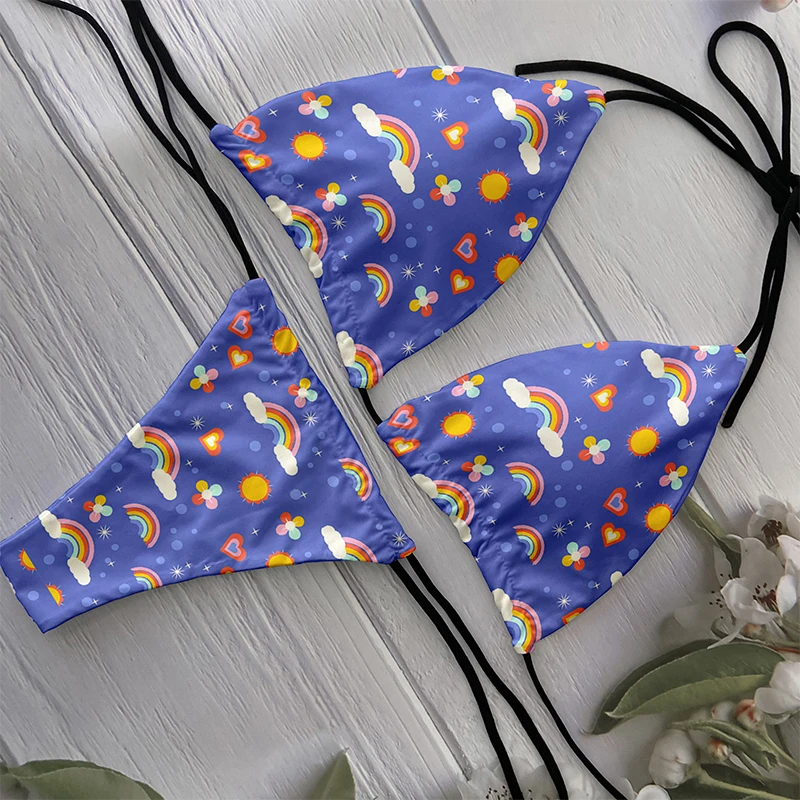 Women Swimwear 2023 New Cartoon Rainbow Pattern Bikini Set 3d Printing Fashion Sexy Split Swimming Beach Surfing Vacation Summer