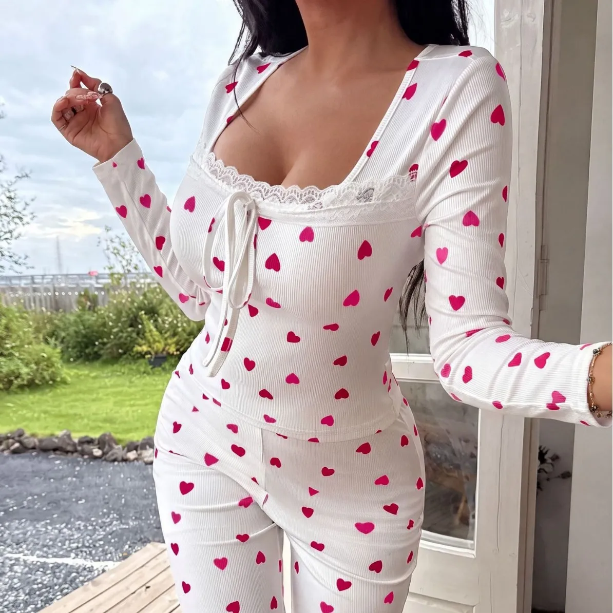 American-Style Spring and Autumn New Women's Fashion Pajamas, Comfortable Lace Homewear, Ribbed Long-Sleeve Top and Pants Set 4
