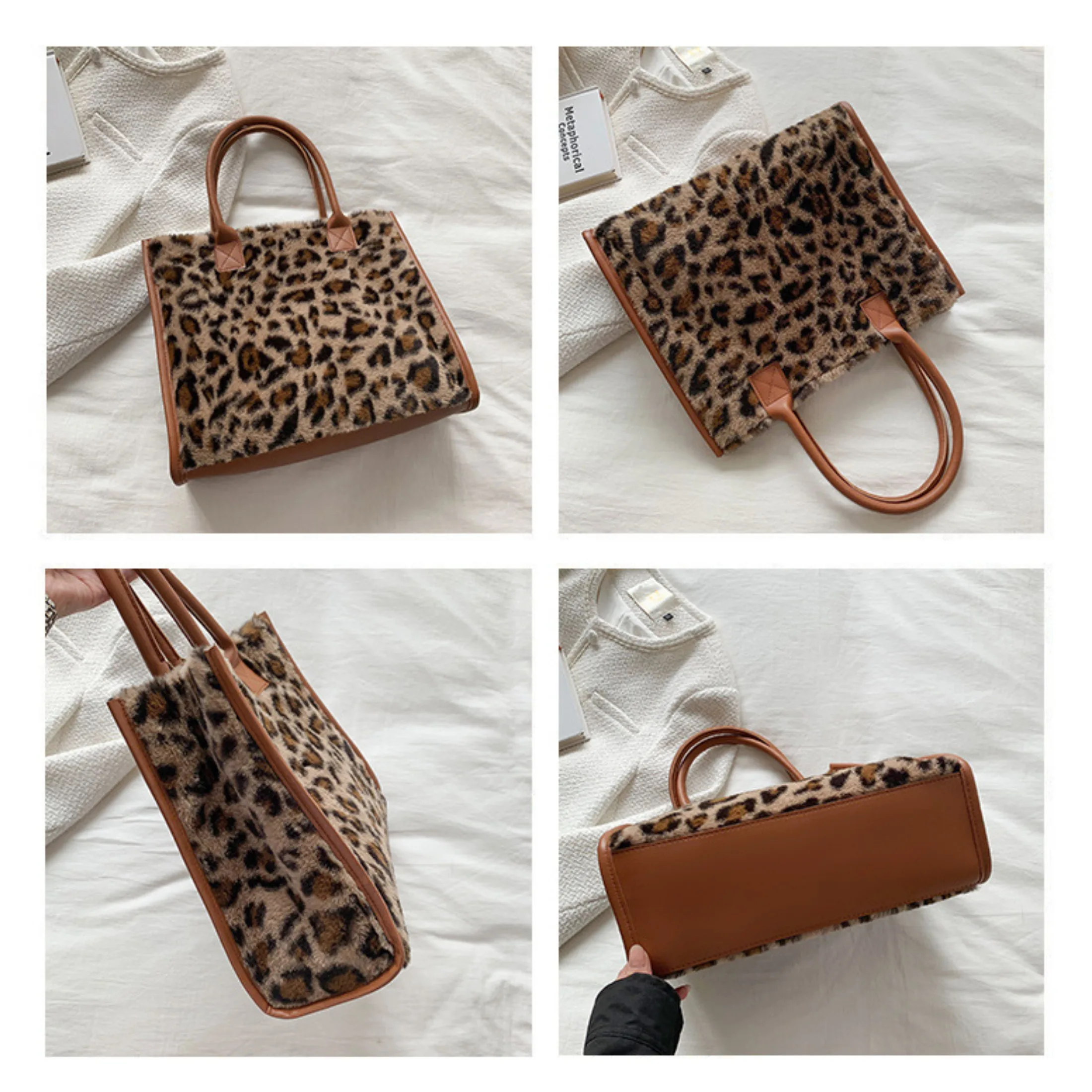 Bolso pequeño de piel sintética con estampado de leopardo para mujer, bolsa de mano con diseño de felpa, estilo occidental, Otoño e Invierno