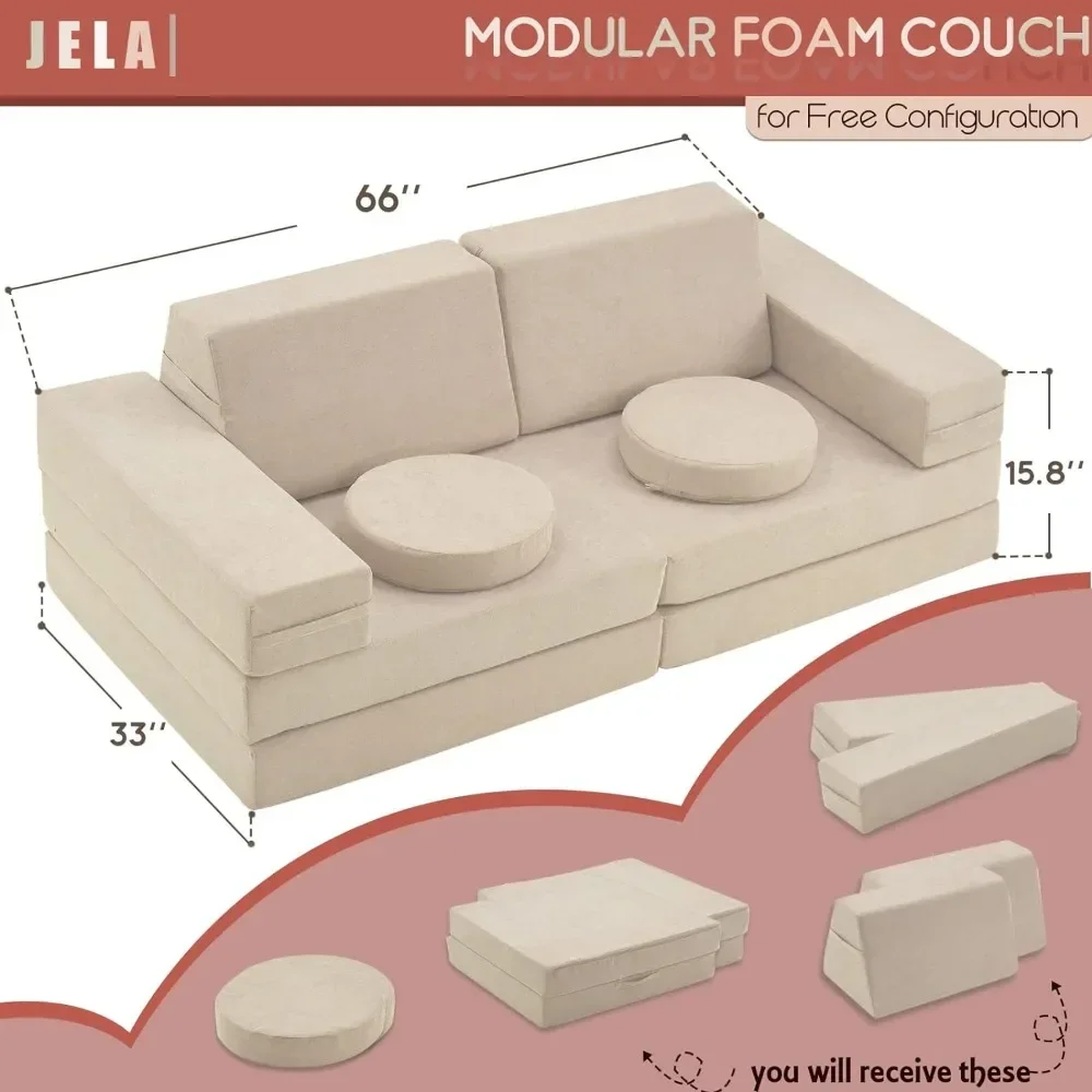 Kids Foam Couch Set - 10 Pieces, Sand Beige, Miss Fabric, Loveseat, 66 x 33 x 23 Inches