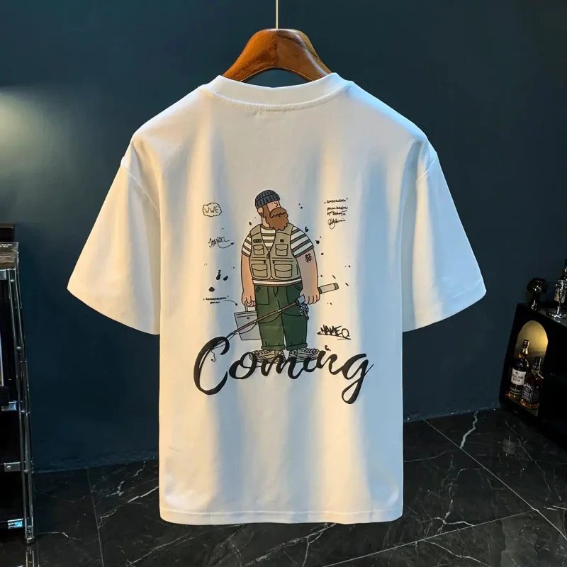 

Men's Vintage Cartoon Fishing Graphic T-Shirt, Retro Oversized Short Sleeve Cotton T-Shirt, Summer Street Style Casual Shirt, Lo