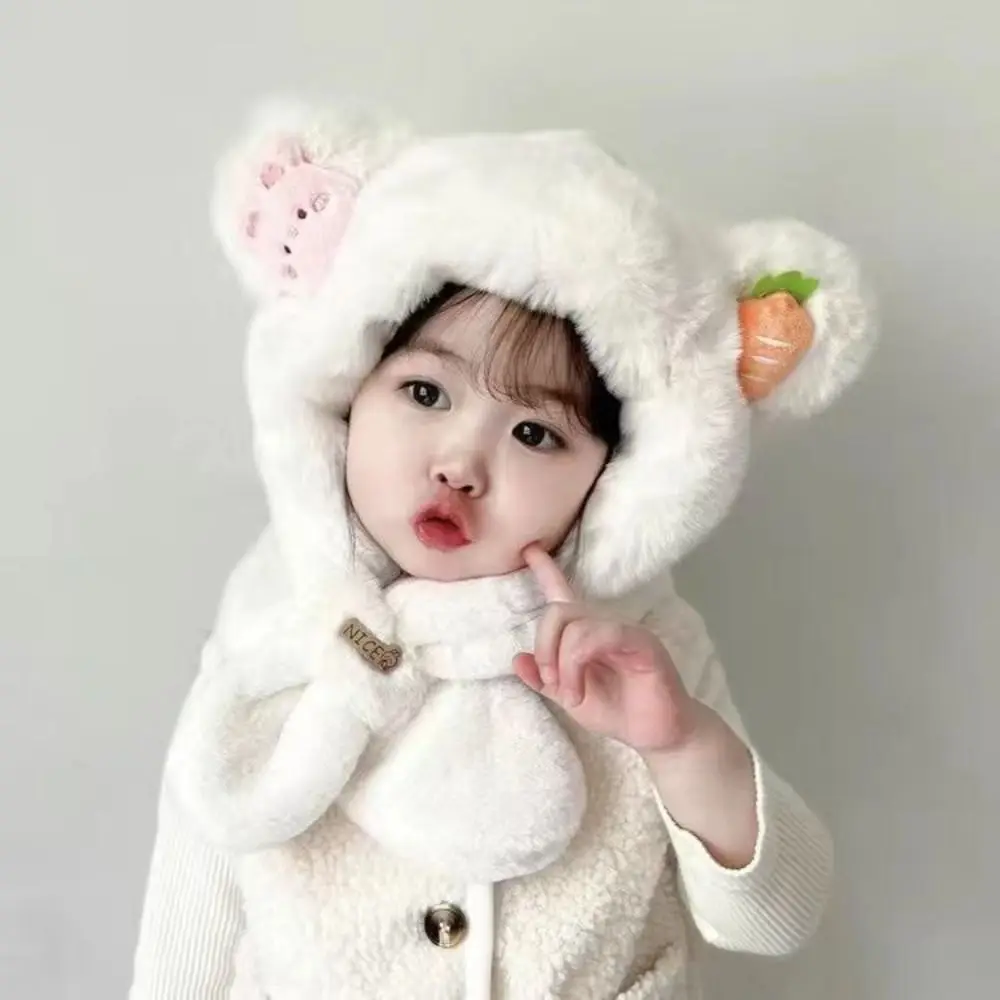 Cartoon Bear Ear Winter Baby Hat Scarf Windproof Plush Kids Hooded Scarf Neck Protection Thick Warm One-Piece Beanies Cap