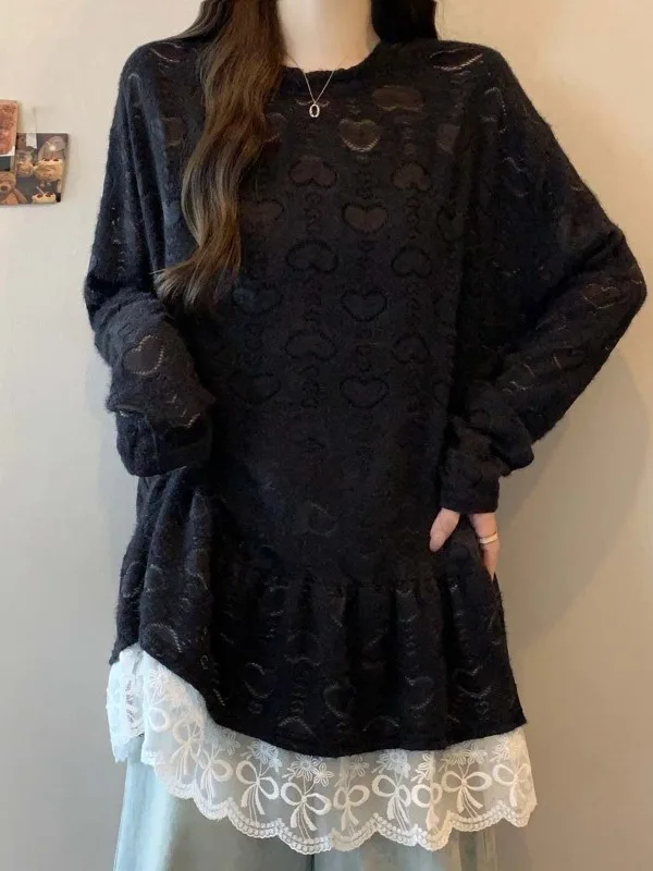 

Bla Long Sve Lace irt T-irt Women's Loose Midi Top Faionable Spring Early Large Size Fat MM Casual Chic