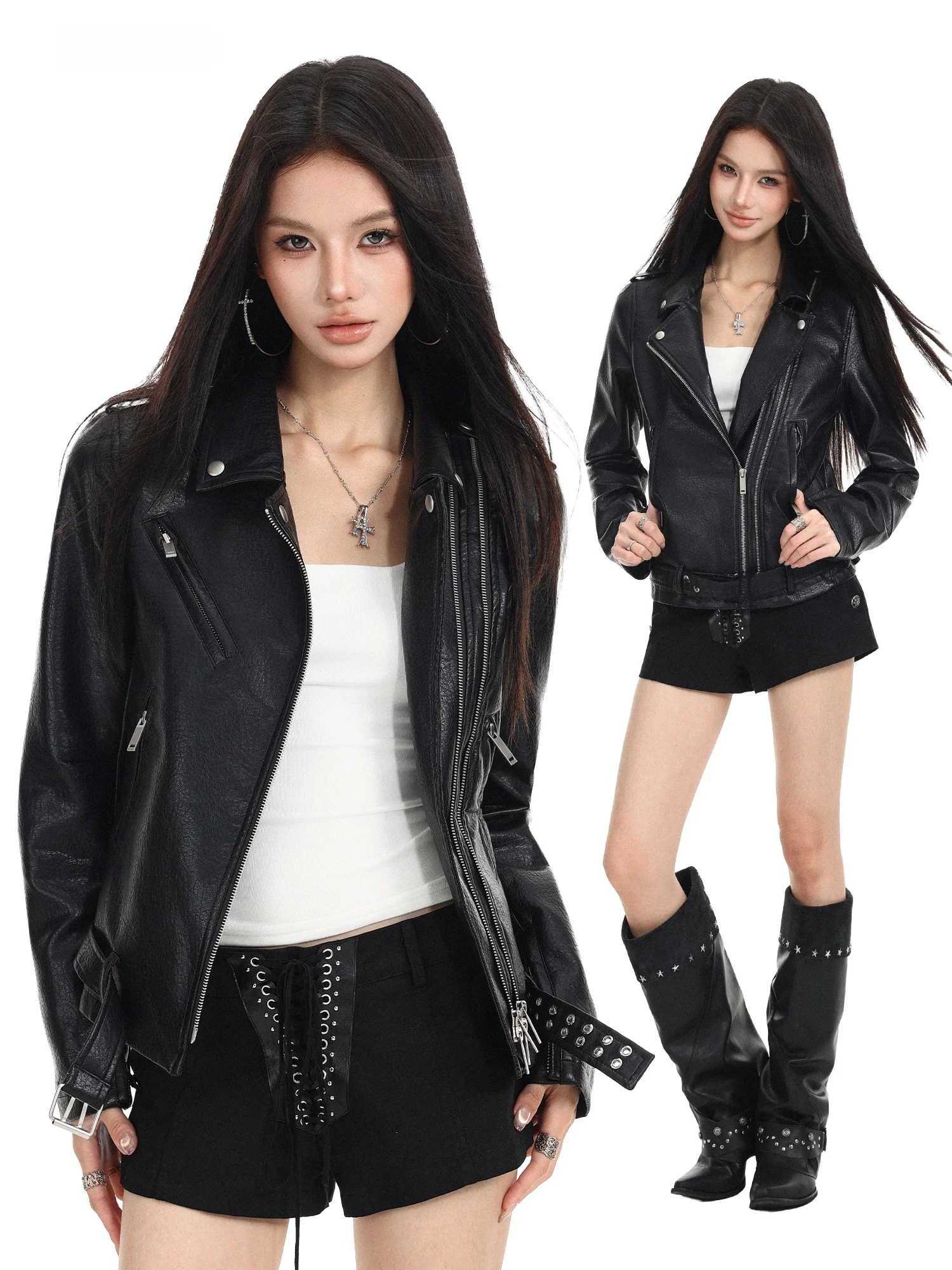 Black Biker Leather Jacket Women Slim Fit Stand Collar Diagonal Zipper Slimming Short Top Korean Style Long Sleeve Warmth