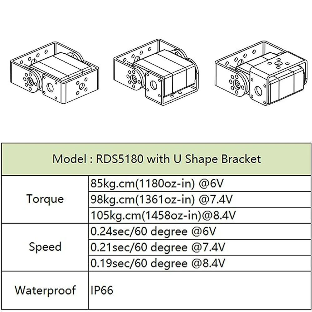 RDS5180 80KG Robot servomotore digitale 7.4V ingranaggio in metallo ad alta coppia doppio albero impermeabile IP66 con staffa in metallo U 180/270 gradi