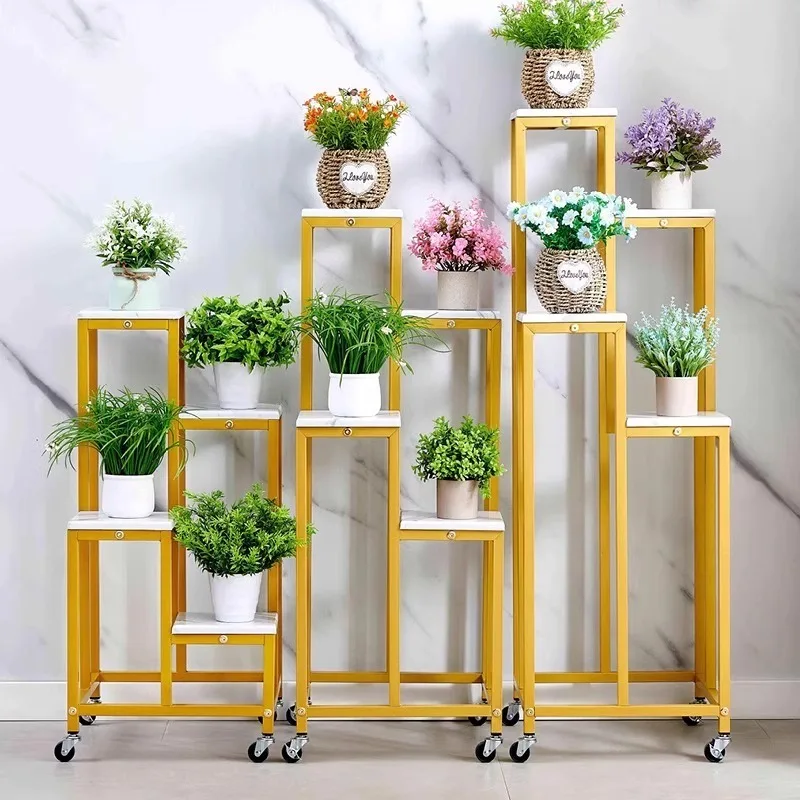 Light luxury flower rack, wrought iron stainless steel integrated wall floor-to-ceiling mobile shelf, living room balcony