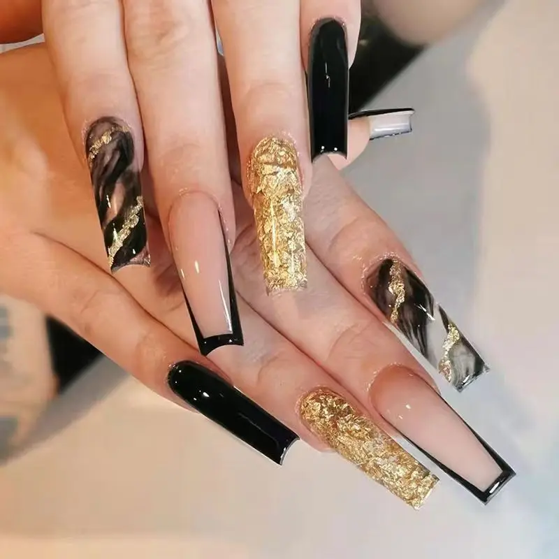 

24Ps/Set Shiny Black Gold Atmosphere Fake Nail Art European Long Ballet Wearing False Nail French Paste Artificial Press on Nail