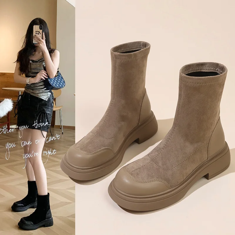 Round Toe Suede Short Boots with Thick Soles and Elastic Boots for Autumn and Winter