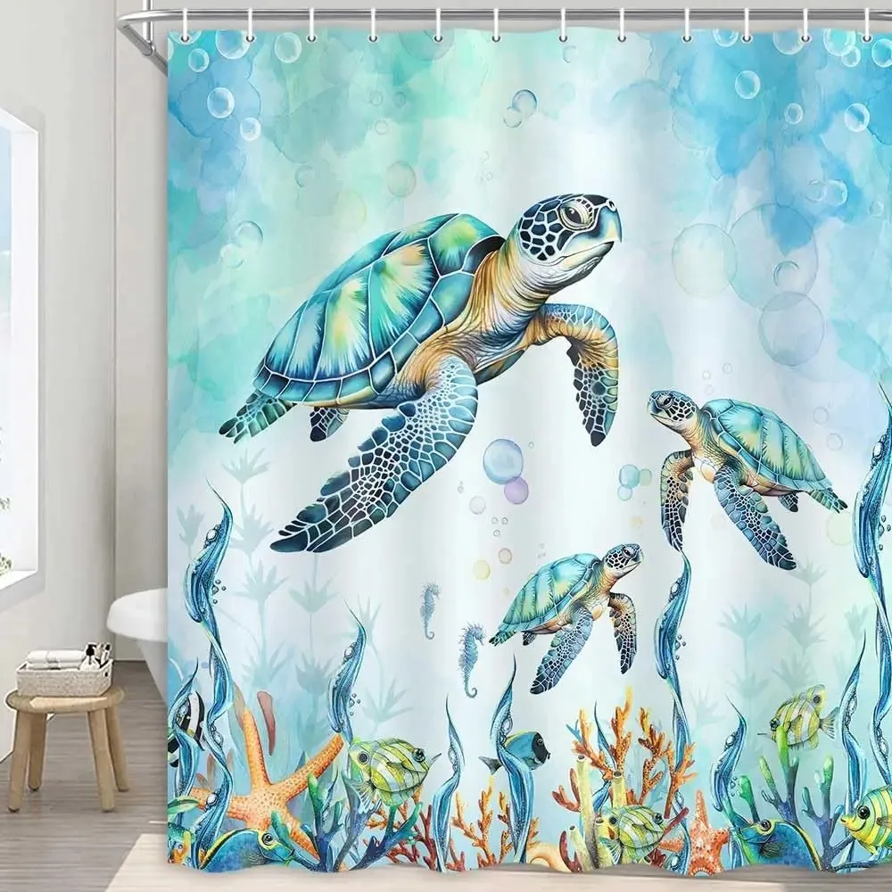 

Blue Sea Turtle Shower Curtain Funny Ocean Animal Starfish Coral Tropical Fish Underwater Marine Life Curtains Bathroom Decor