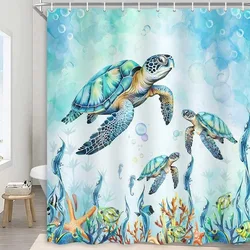 Blue Sea Turtle Shower Curtain Funny Ocean Animal Starfish Coral Tropical Fish Underwater Marine Life Curtains Bathroom Decor