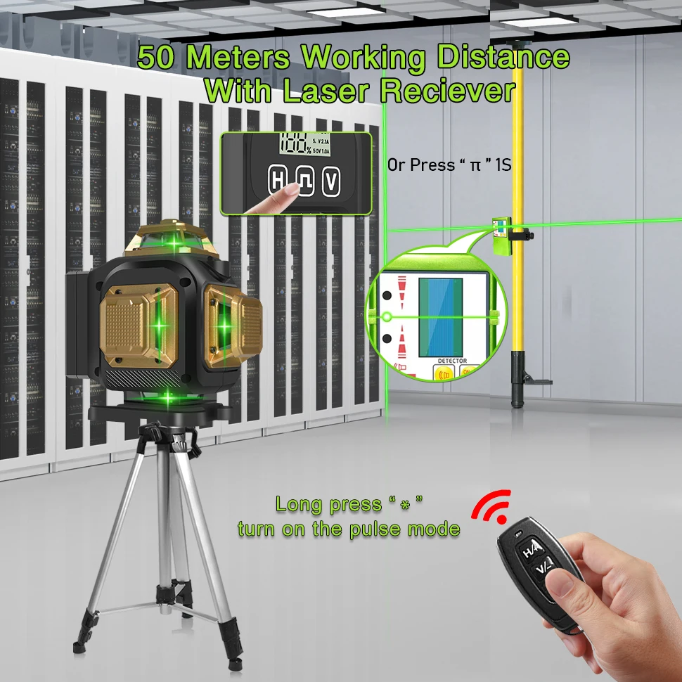 Clubiona 12/16 lines Laser Level 360 Self-leveling Green Beams With 4000mAh Li-ion Battery Remote Control pulse mode support