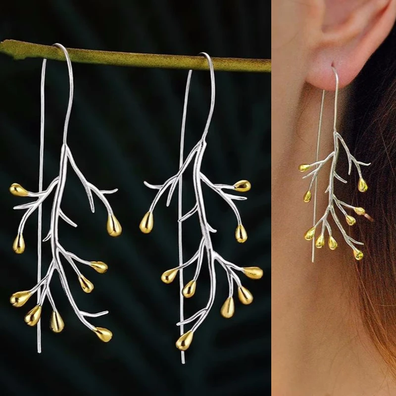 Huitan Fresh Style Tree Branch Design Hook Earrings Two-tone Delicate Women's Hanging Earrings Daily Wear Party Fashion Jewelry