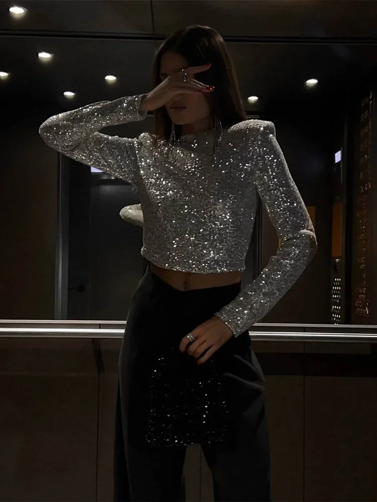 Sequins Sexy Crop Top Women Silver O-neck Long Sleeve Slim T-shirt 2024 Winter Fashion Party Club Solid Match All Ladies Tshirts