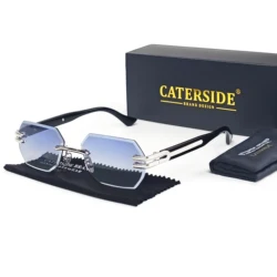 CATERSIDE Retro Frameless Sunglasses Men Polygonal Metal Frame Women Sun Glasses Business Outdoor Travel Gift Box Summer Style