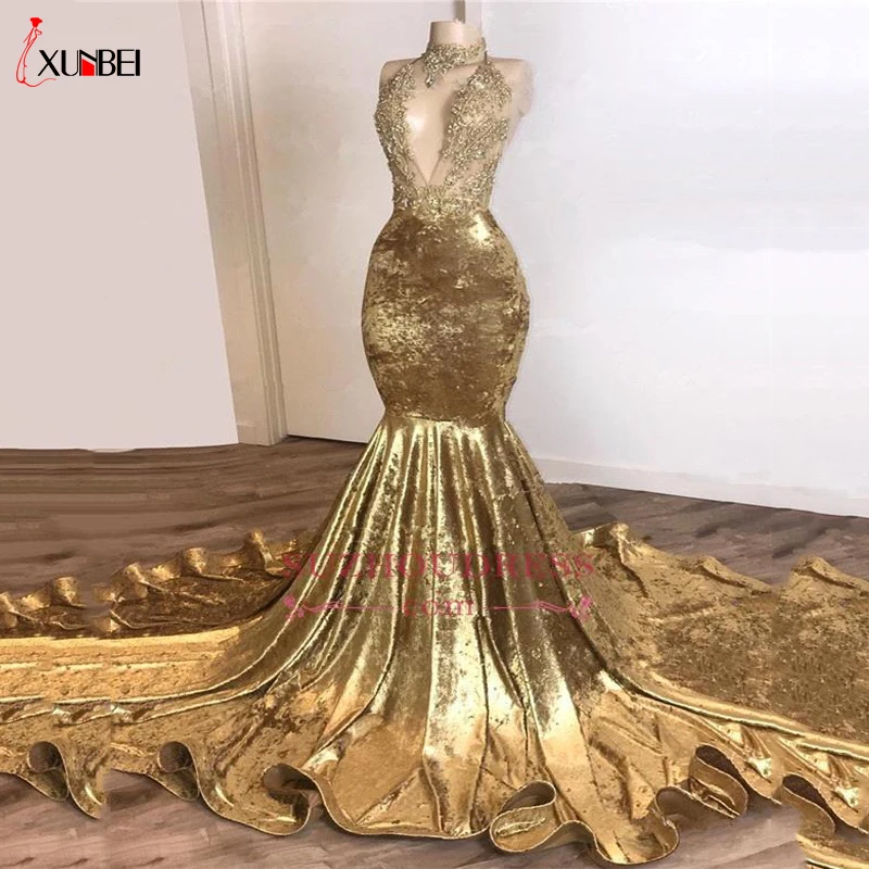 

African Gold Mermaid Evening Dresses V Neck Black Girls Evening Dress Long Sweep Train Arabic Dubai Gowns Custom Made