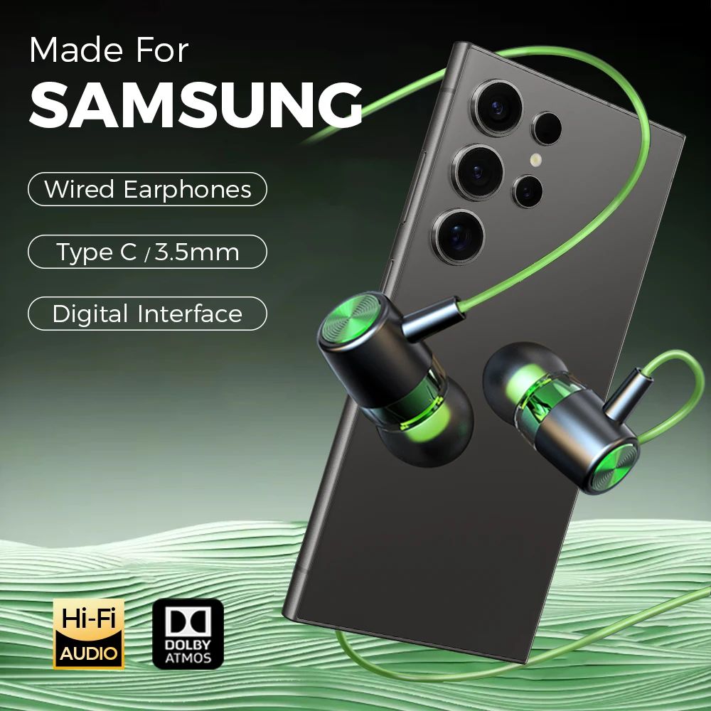 Wired Headphones USB Type C HiFi Bass Earphones 3.5mm In Ear Headset For Samsung Galaxy Z Fold 7 S25 Ultra S24 Edge A56 Earbuds