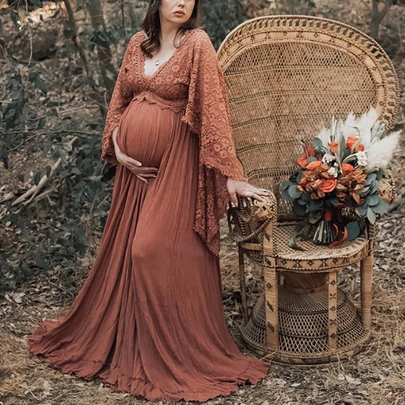 

Rust Cotton Boho Maternity Long Dresses Tassels Pregnant Woman Photoshoot Bohemian Dress Pregnancy Photography Maxi Gown