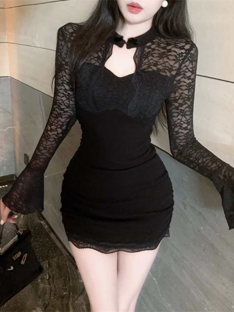 

Ele Bla Long Sve Lace Neline Dr женская осенне-зимняя сексуальная бальная облегающая юбка на петлях в Корейском стиле