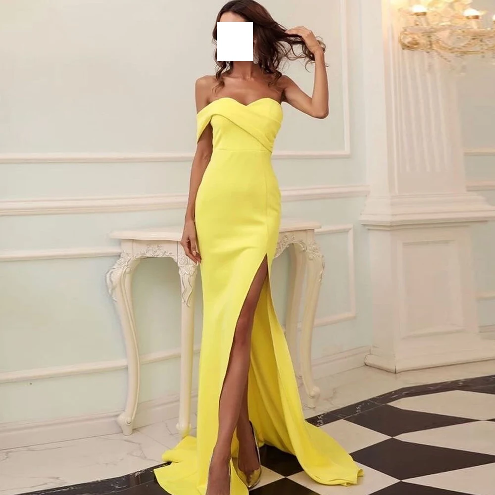 

Elegant Party Dresses Woman 2024 Off The Shoulder Sweep Train Side Silt Zipper Back Solid Yellow Sweetheart Quinceanera Dress