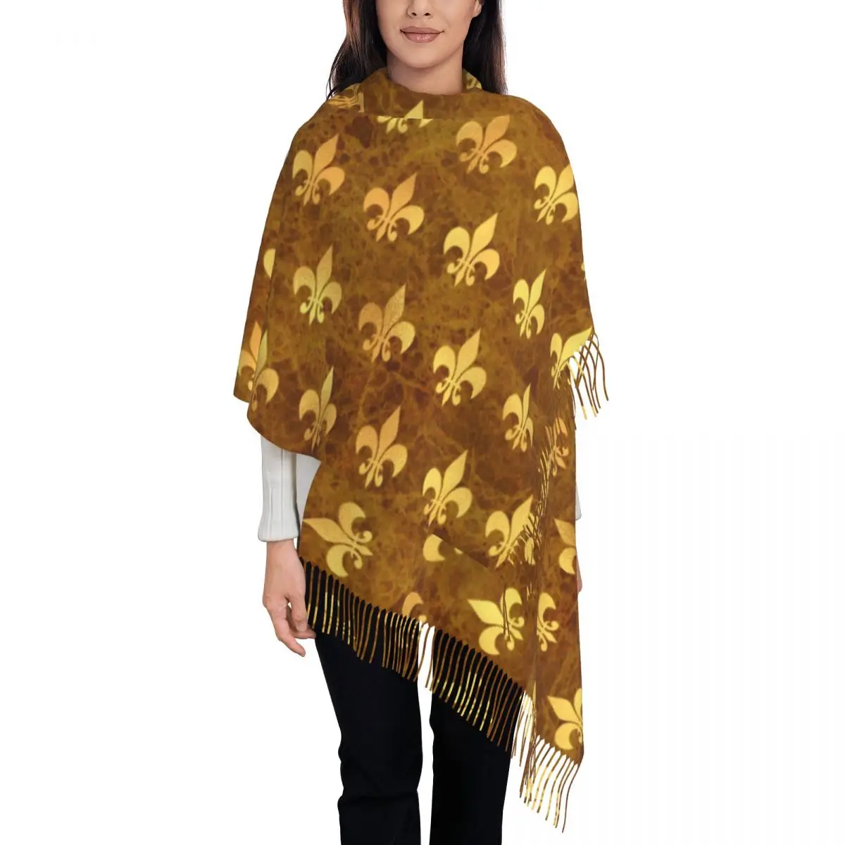 Personalized Printed Royal Gold Brown Marble Fleur De Lis Scarf Women Men Winter Fall Warm Scarves Lily Flower Shawl Wrap