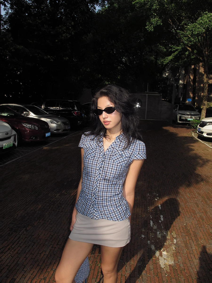 

GOGOBURN American Retro Blue Plaid Waist-Cinching ort Sve irt Women's Slimming ort Top for Young Girls Summer 2026