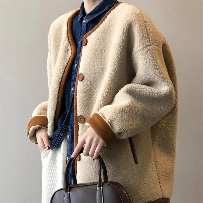 2025 سيدة الموضة الجسيمات المخملية سترة المرأة الكورية كسول طويلة الأكمام معطف فوقي الخريف الشتاء الإناث رشاقته صوف الضأن أبلى