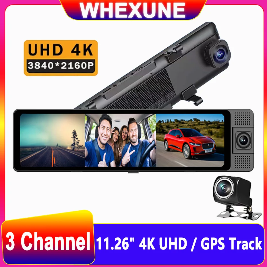 

4K Car DVR Dash Cam 5Ghz WiFi Rearview Mirror 3 Channel Camera Front/Cabin/Rear Cam GPS Track Night Vision 24h Parking Monitor