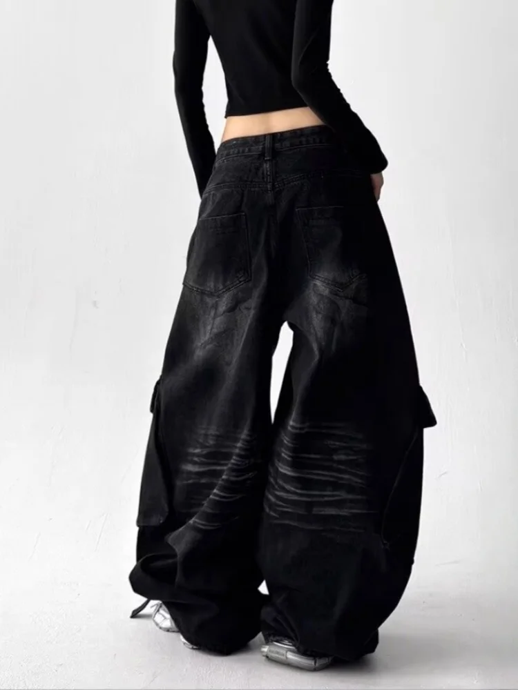 2026 American Retro Y2K Style Washed Distressed Blue Baggy Women's Cargo Jeans Pants For Woman Clothing Wide Leg Denim Trousers