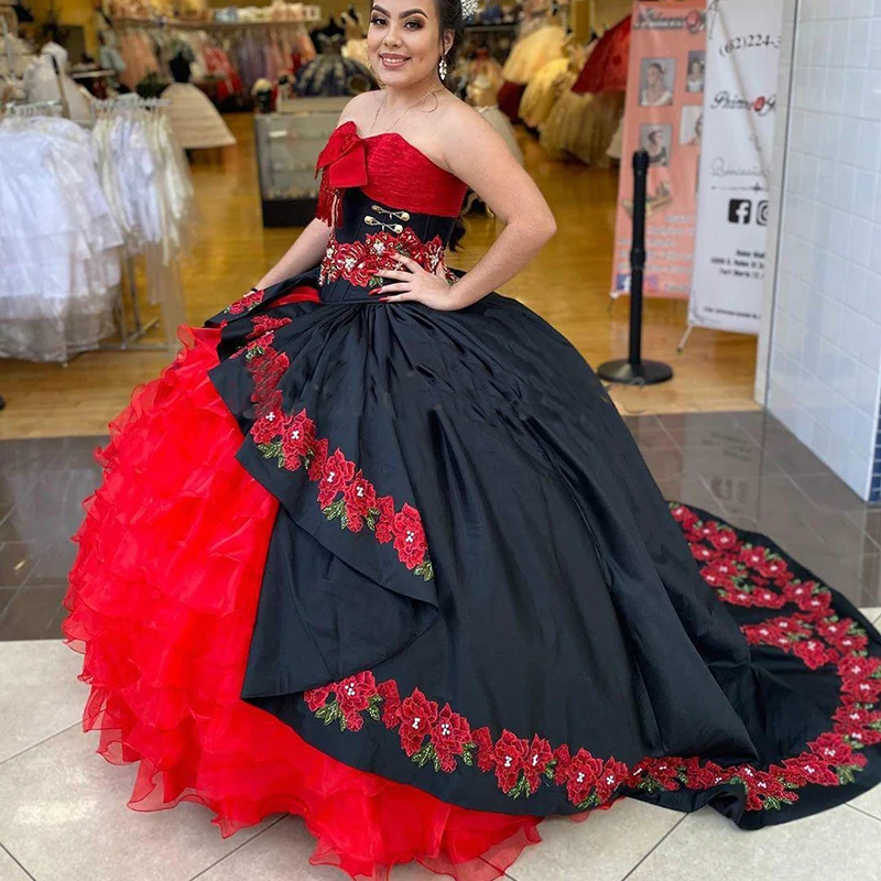 Vestido de baile rojo y negro, quinceañera, Organza, con volantes, para baile de graduación, Apliques de encaje, 16 vestidos de fiesta para desfiles