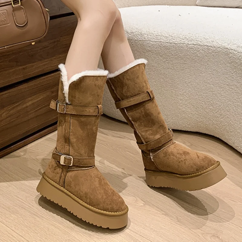 

Suede Flats Platform Women Fur High Snow Boots Short Plush Shoes Winter New 2025 Trend Woman Motorcycle Boots Mujer Zapatos