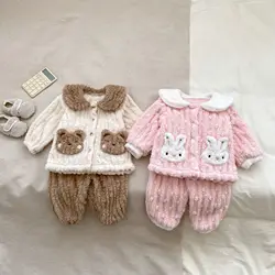 2024 Winter New Baby Cute Cartoon Fleece Pajamas Set Girls Plush Home Wear Cardigan 2pcs Suit Infant Toddler Thick Warm Outfits