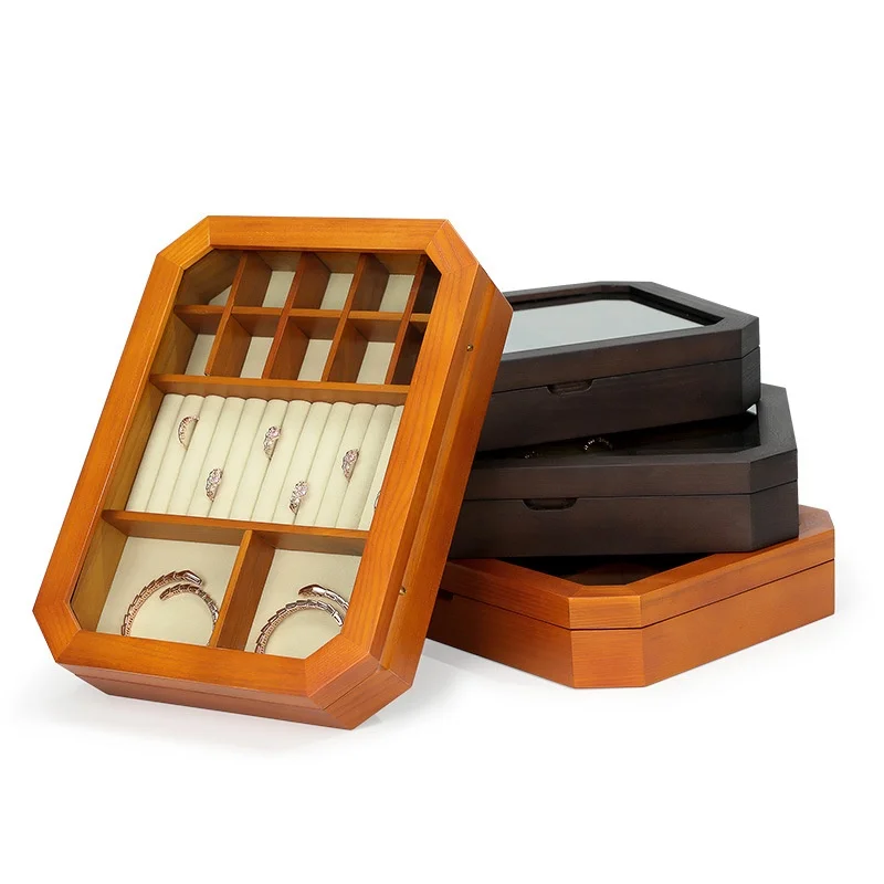 Solid Wood Jewelry Box with Transparent Glass Lid Octagonal Ring Earrings Necklace Storage Box Wooden Decorative Tray