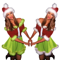Abito da babbo natale natalizio da donna Deluxe Mrs. Claus Costume con spalle scoperte abito in velluto Set di cappelli da babbo natale abiti Cosplay