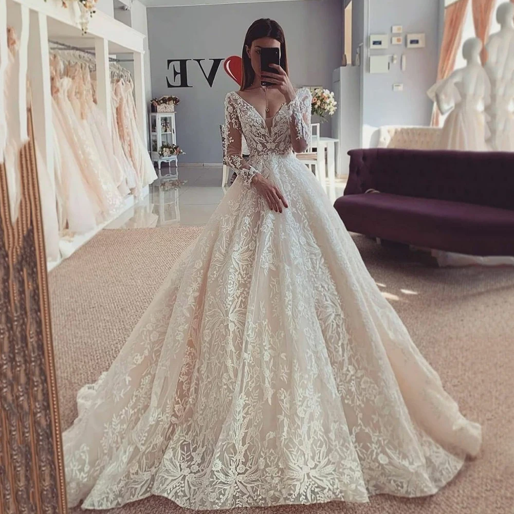 Luxus Spitze Ballkleid Prinzessin Brautkleider Sexy V-ausschnitt Mit Langen Ärmeln Boho Brautkleider für Frauen vestido de novia 2025