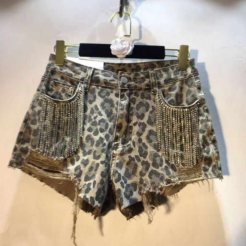 Women Diamonds Beaded Chain Tassels  Leopard Print Denim Shorts High-waist Rhinestones Frimged Ripped Jeans Shorts Cowboy Pants