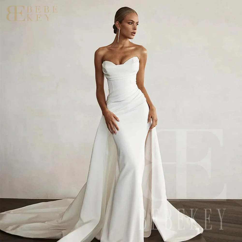 BEBEKEY Women's Satin Sweetheart Wedding Dress Double Train Mermaid Bride Gown Customizable Formal Party Dress