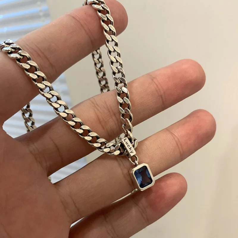 925 Sterling Silver Vintage Cuba Neck Chain Square Zircon Pendants Female Necklaces Women Jewelry Charms Accessories Argent 925
