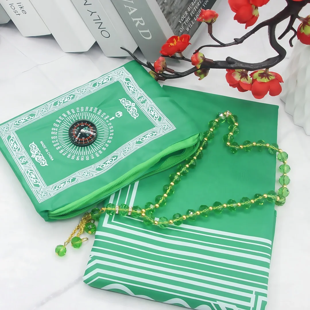 3pcs/1set Muslim Travel Prayer Mat Rug With Prayer Beads Pocket Travel Foldable Portable Prayer Carpet with Compass Praying Rug